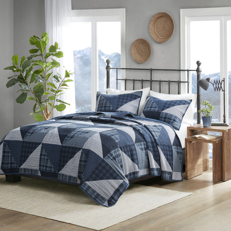 Blue Cotton Patchwork King Quilt Set with Shams