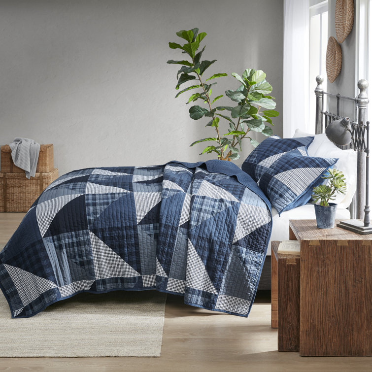 Blue Cotton Patchwork King Quilt Set with Shams