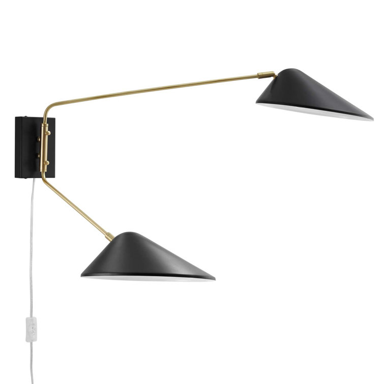 Mid-Century Modern Matte Black Swing Arm Wall Sconce with Satin Brass