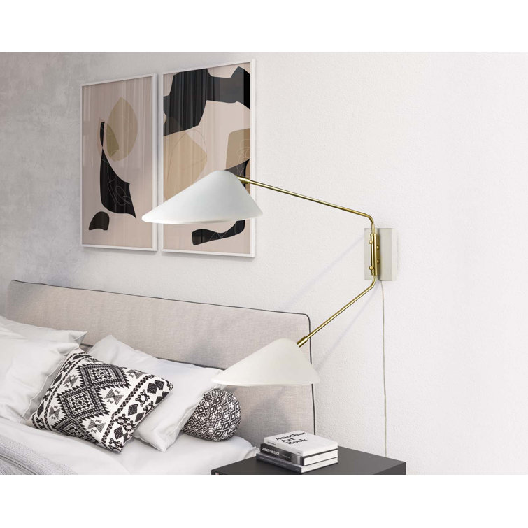 White Adjustable Swing Arm Wall Sconce with Brass Accents