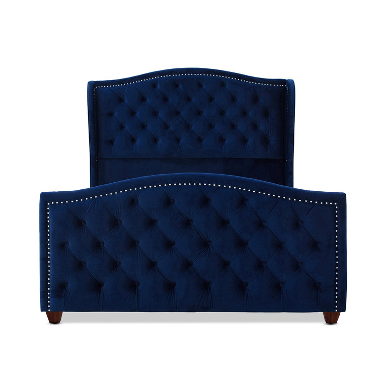 Navy Blue Velvet Tufted Queen Bed with Nailhead Trim