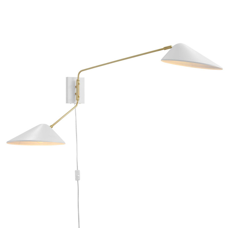 White Adjustable Swing Arm Wall Sconce with Brass Accents
