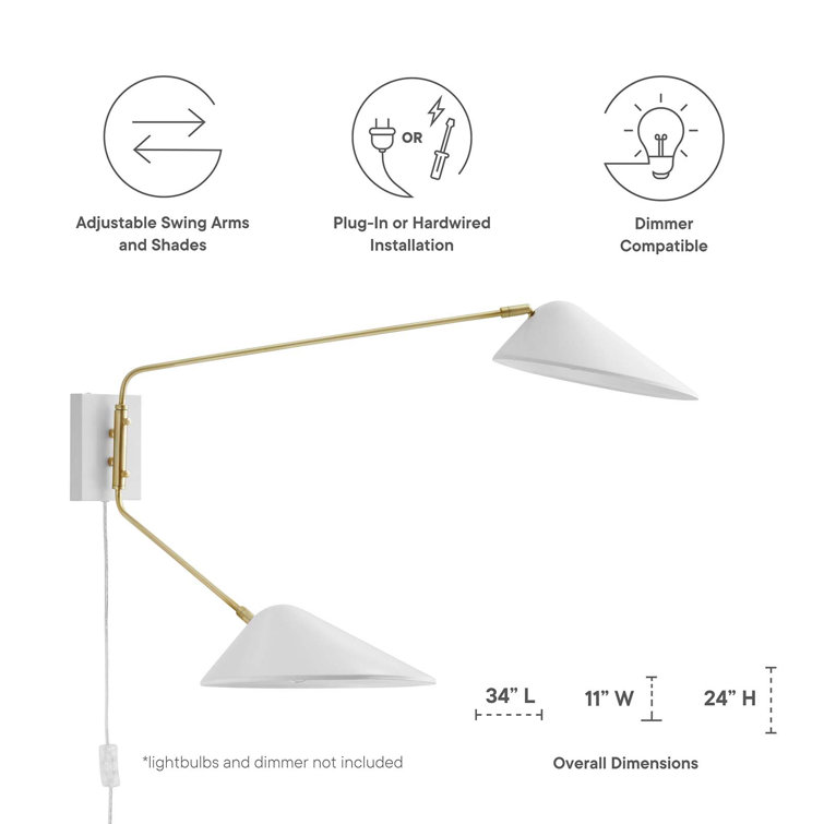 White Adjustable Swing Arm Wall Sconce with Brass Accents