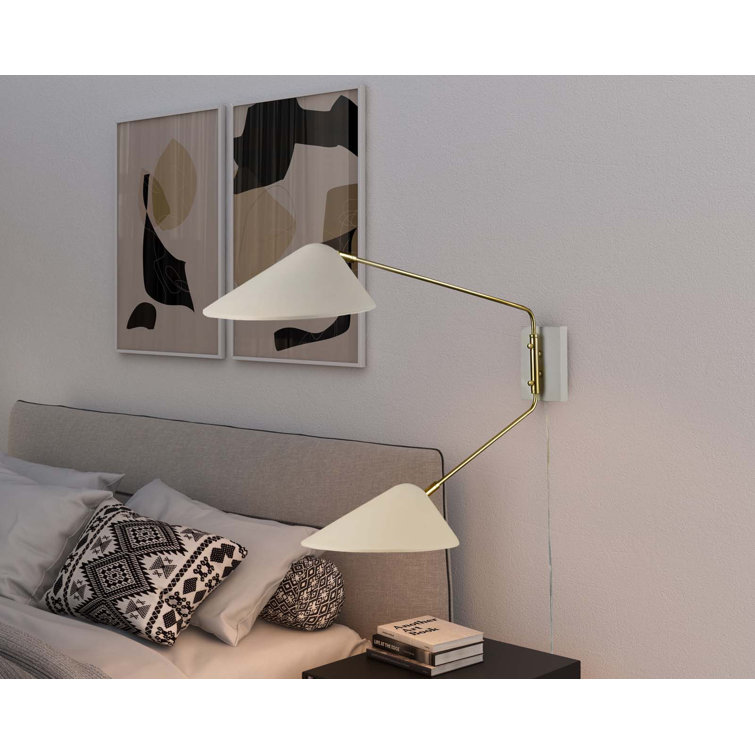 White Adjustable Swing Arm Wall Sconce with Brass Accents