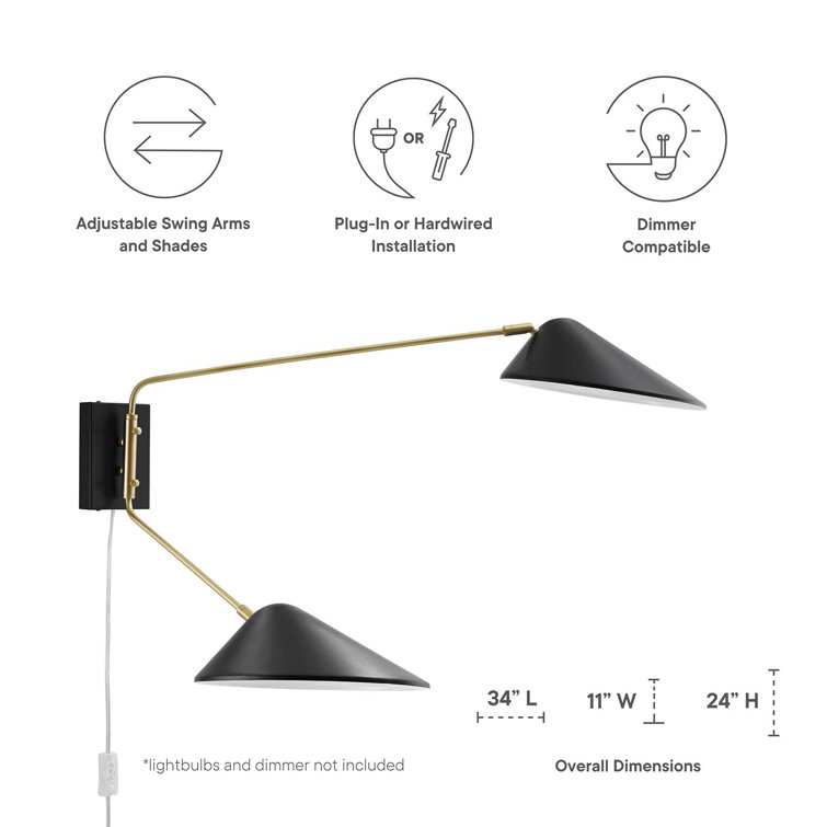 Mid-Century Modern Matte Black Swing Arm Wall Sconce with Satin Brass