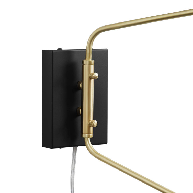Mid-Century Modern Matte Black Swing Arm Wall Sconce with Satin Brass