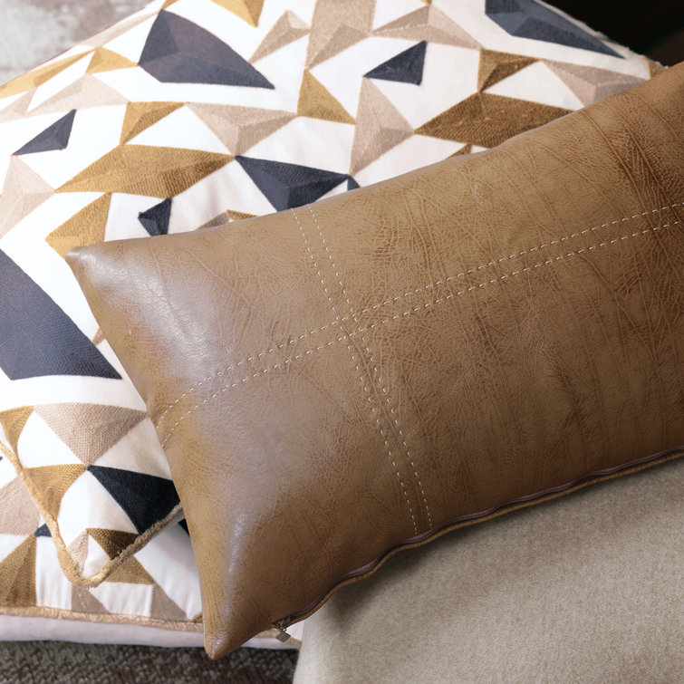 Saddle Faux Leather Rectangular Lumbar Pillow with Down Insert