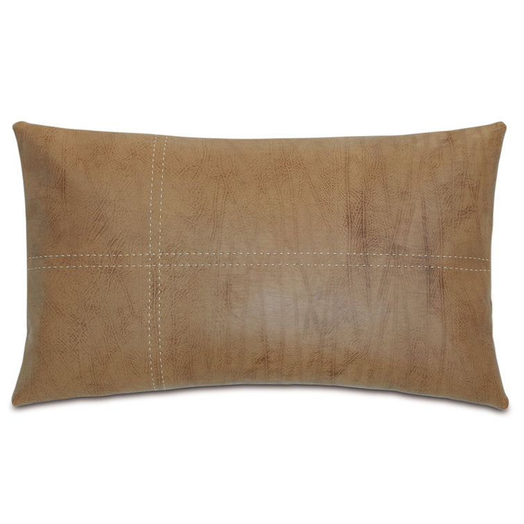 Saddle Faux Leather Rectangular Lumbar Pillow with Down Insert