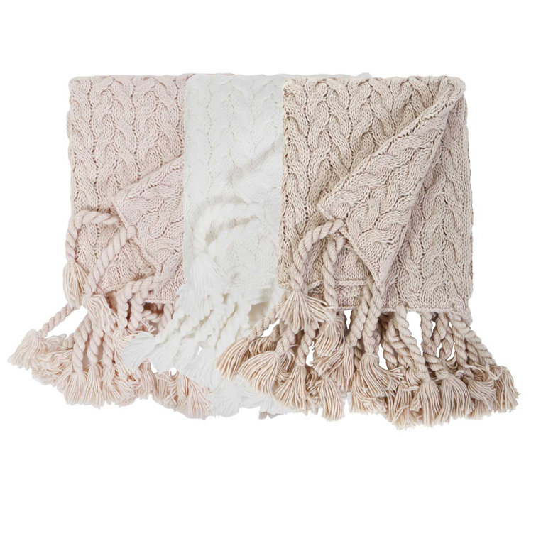 Taupe Cable Knit Throw Blanket with Tassels