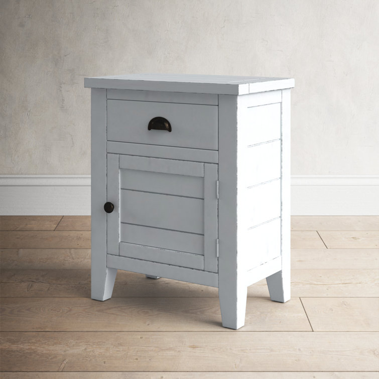 Transitional Weathered White Wood Accent Table with Storage
