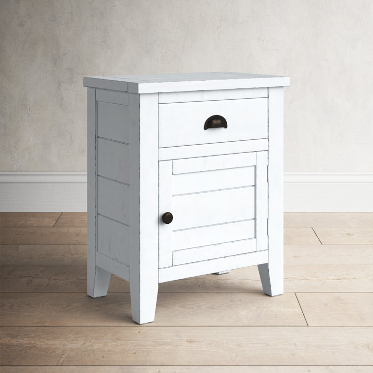 Transitional Weathered White Wood Accent Table with Storage