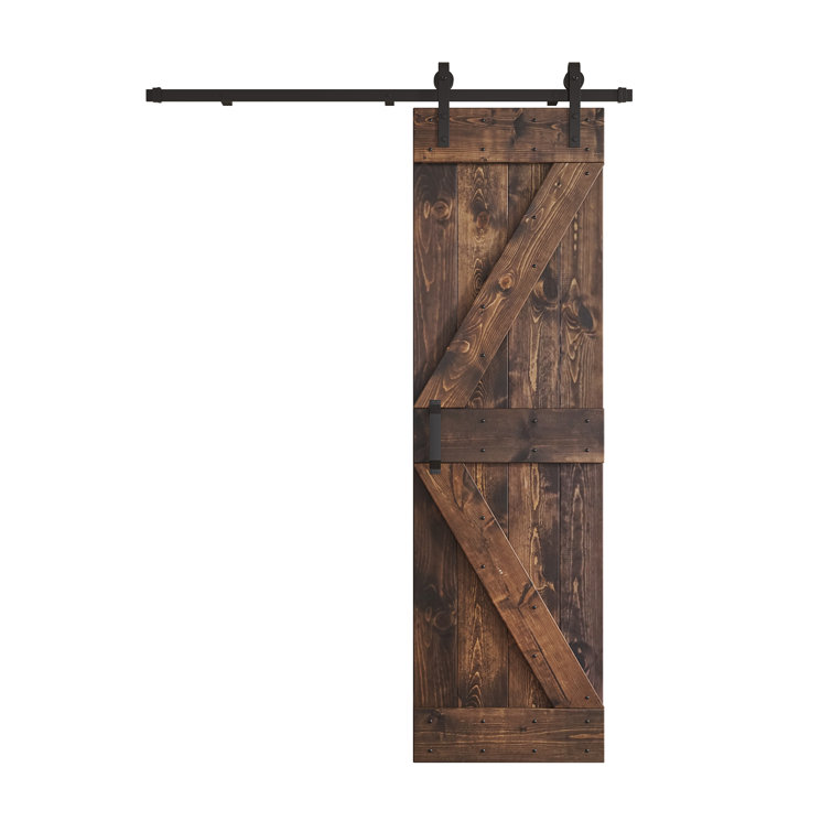 Kona Coffee Pine Wood Sliding Barn Door with Black Hardware Kit
