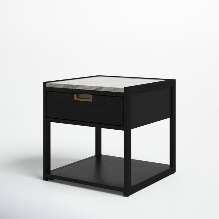 Adeline Black and White Marble Top Nightstand with Antique Brass Handle