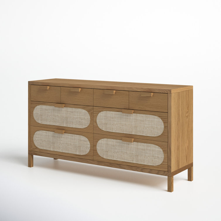 Alder Short Silhouette 8-Drawer Oak and Cane Dresser