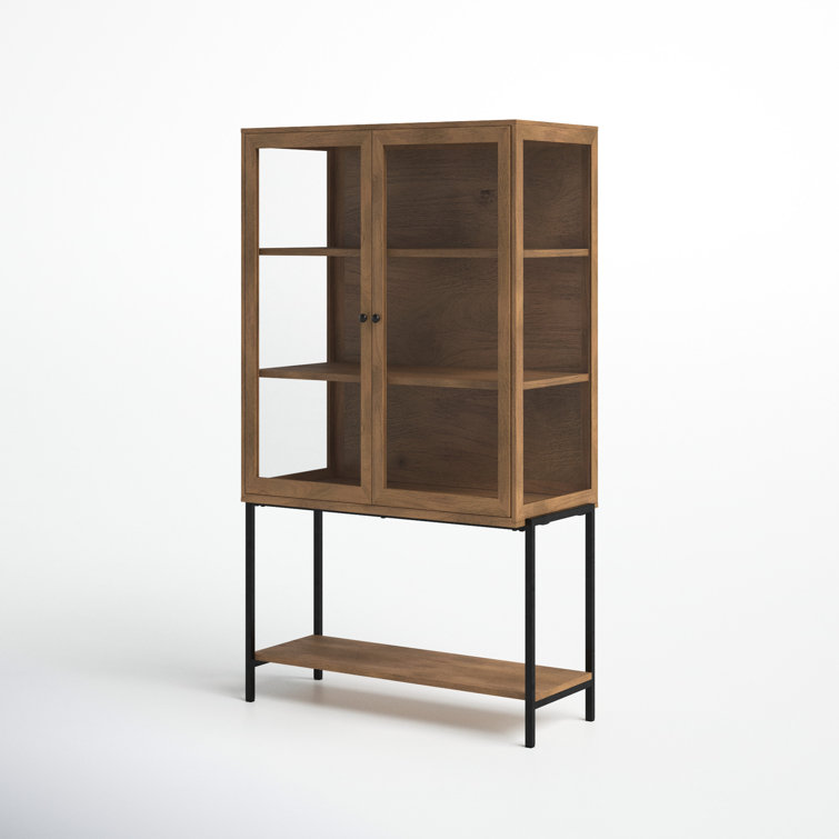 Light Brown Wood and Glass Curio Cabinet with Metal Base