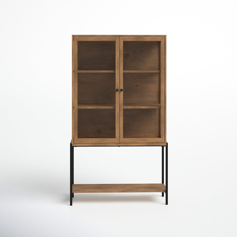 Light Brown Wood and Glass Curio Cabinet with Metal Base