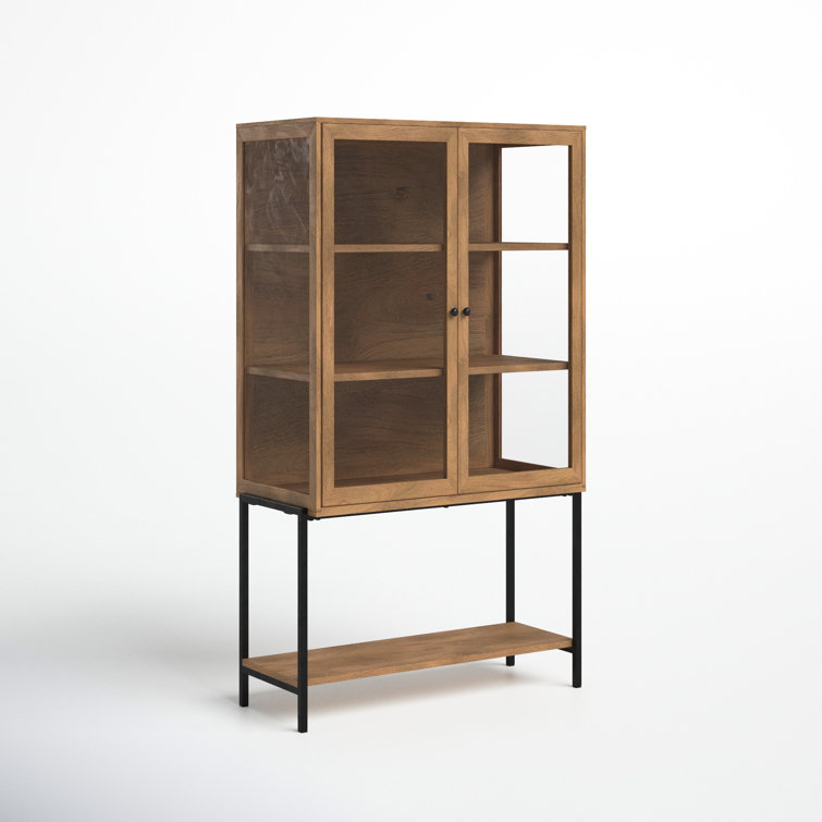Light Brown Wood and Glass Curio Cabinet with Metal Base