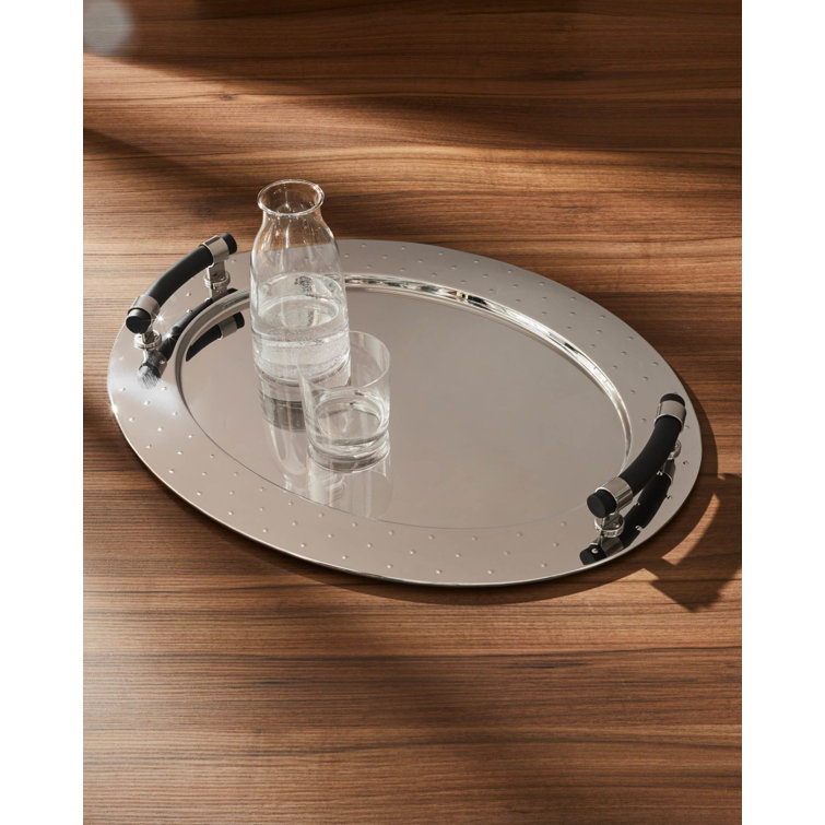 Sleek Stainless Steel Oval Serving Tray with Black Handles