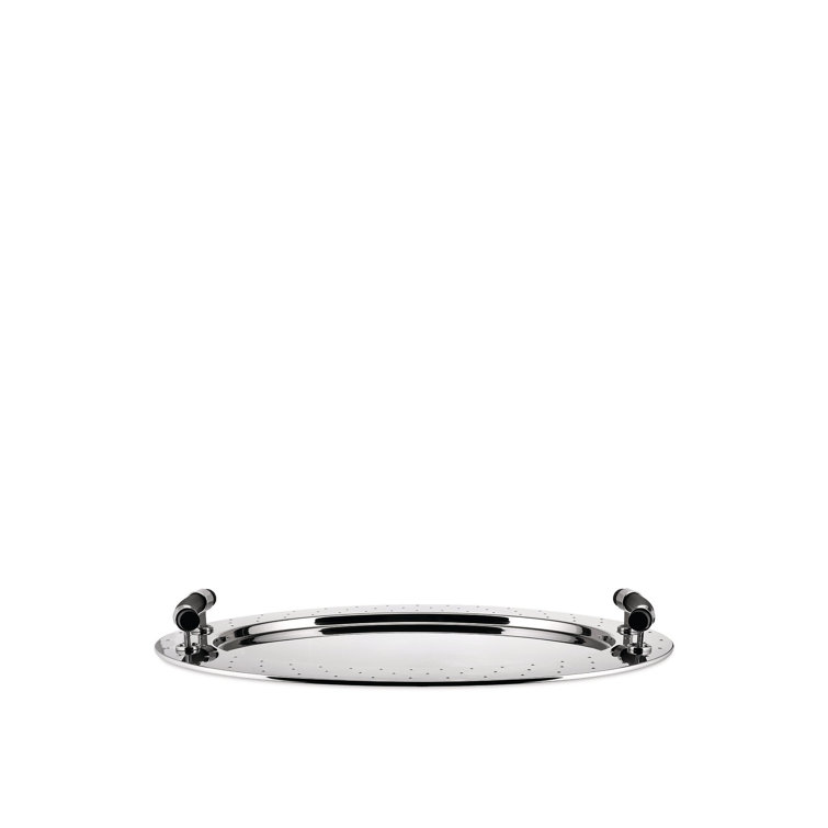 Sleek Stainless Steel Oval Serving Tray with Black Handles