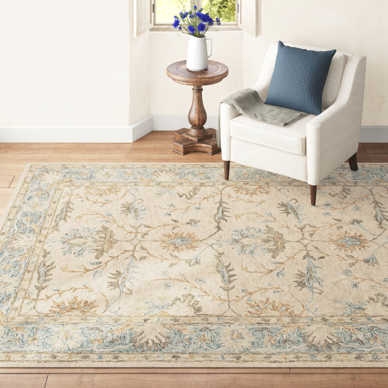 Handmade Beige and Blue Wool 9' x 12' Oriental Rug