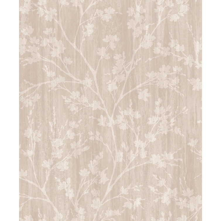 Beige Taupe Non-Woven Calming Leaf Branches Wallpaper Roll