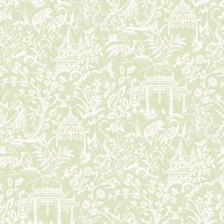 Green Non-Woven Botanical Toile Wallpaper Roll