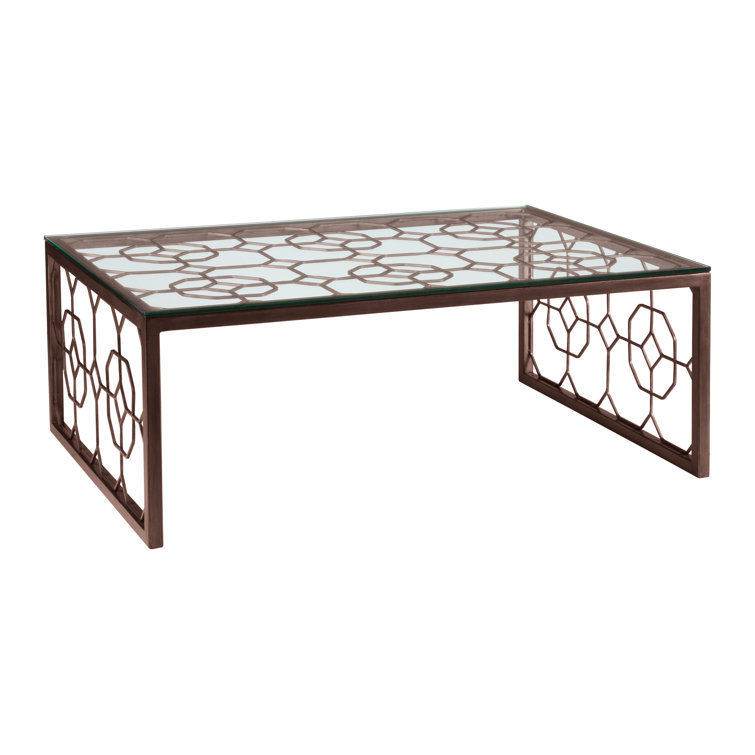 Antique Copper Honeycomb Hand-Forged Iron Cocktail Table with Glass Top