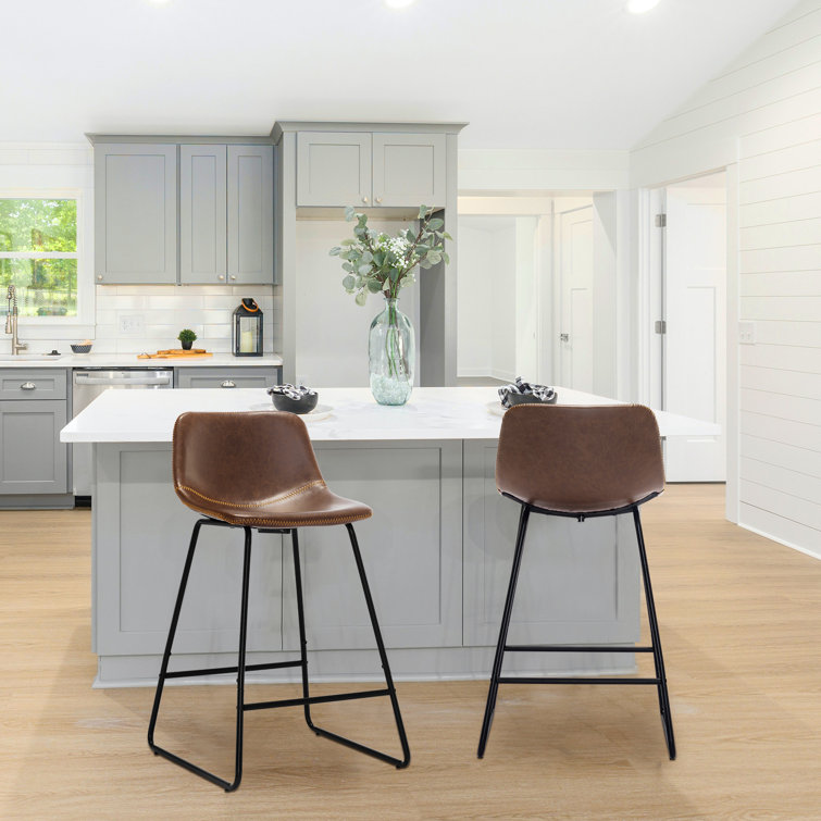 Whiskey Brown Faux Leather Counter Stools with Iron Frame, Set of 2