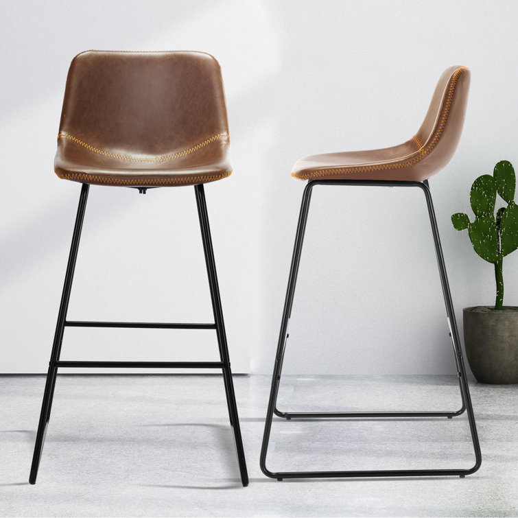 Whiskey Brown Faux Leather Counter Stools with Iron Frame, Set of 2