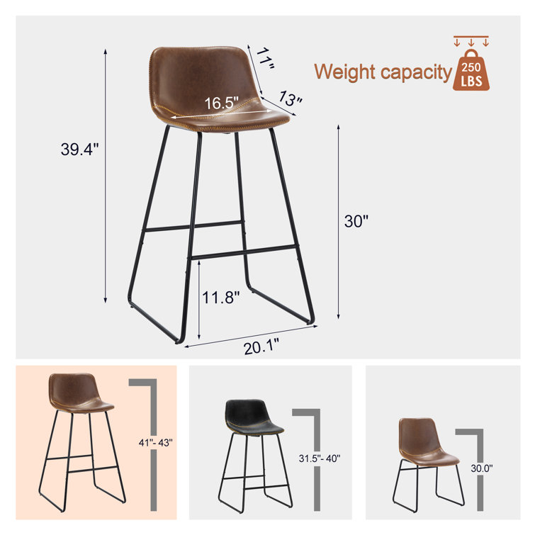 Whiskey Brown Faux Leather Counter Stools with Iron Frame, Set of 2