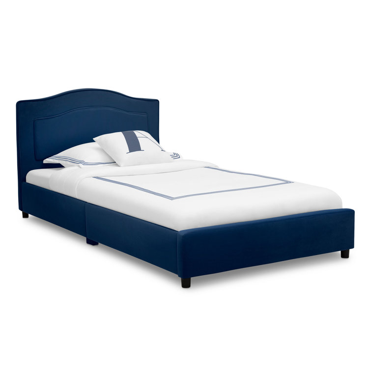 Navy Blue Velvet Upholstered Twin Platform Bed with Pine Frame
