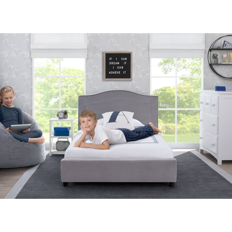 Gray Twin Upholstered Platform Bed with Headboard