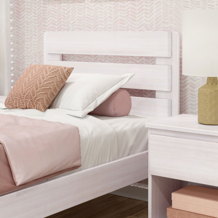 White Wash Twin Pine Platform Bed with Plank Headboard