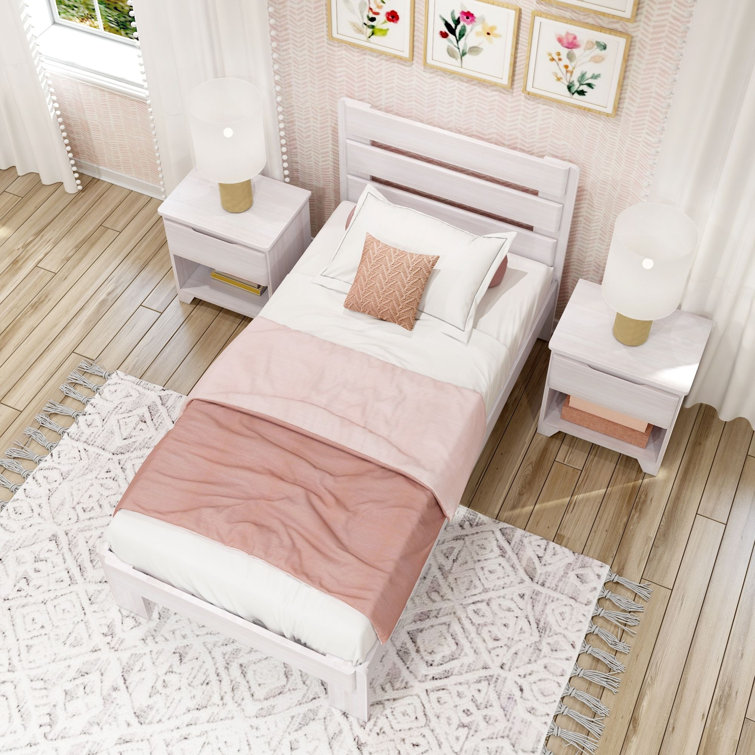 White Wash Twin Pine Platform Bed with Plank Headboard