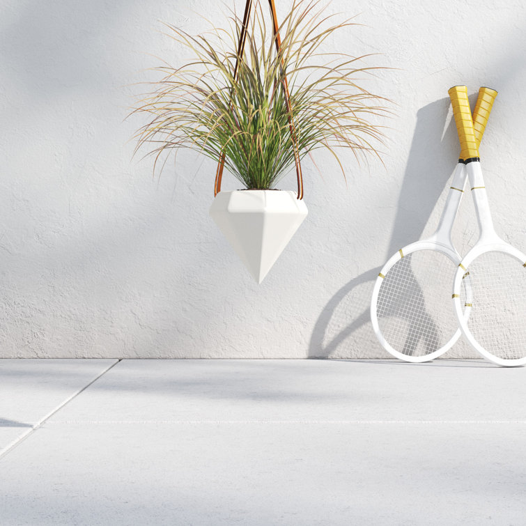 Gloss White Diamond Ceramic Hanging Planter with Leather Rope