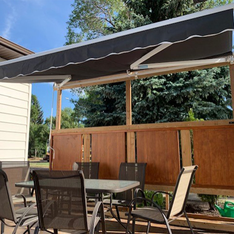 Gray Motorized Retractable Patio Awning with White Frame, 20' x 10'