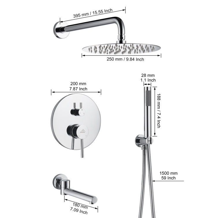 Chrome Dual Round Rain Shower System with Handheld and Wall Mount