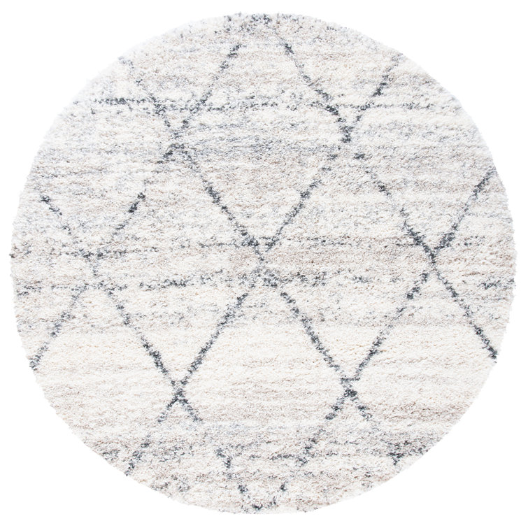 Ivory and Grey Round Hand-knotted Shag Rug