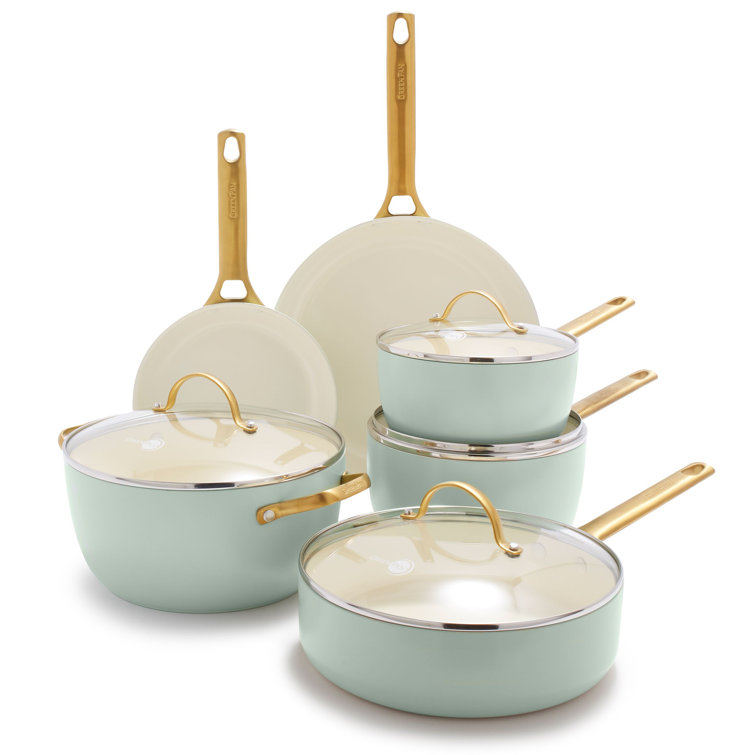 Mint Green Aluminum Nonstick 10-Piece Cookware Set with Gold Handles