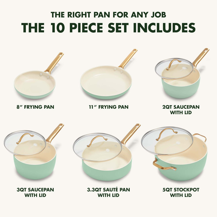 Mint Green Aluminum Nonstick 10-Piece Cookware Set with Gold Handles