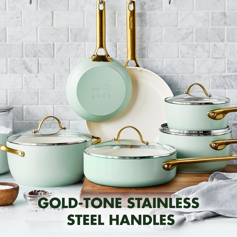 Mint Green Aluminum Nonstick 10-Piece Cookware Set with Gold Handles