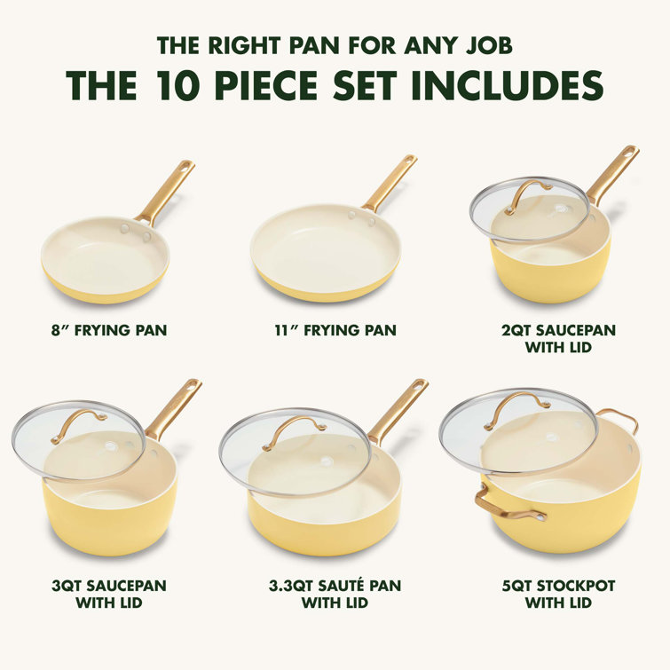 Sunrise Yellow Ceramic Nonstick 10-Piece Cookware Set with Gold Handles