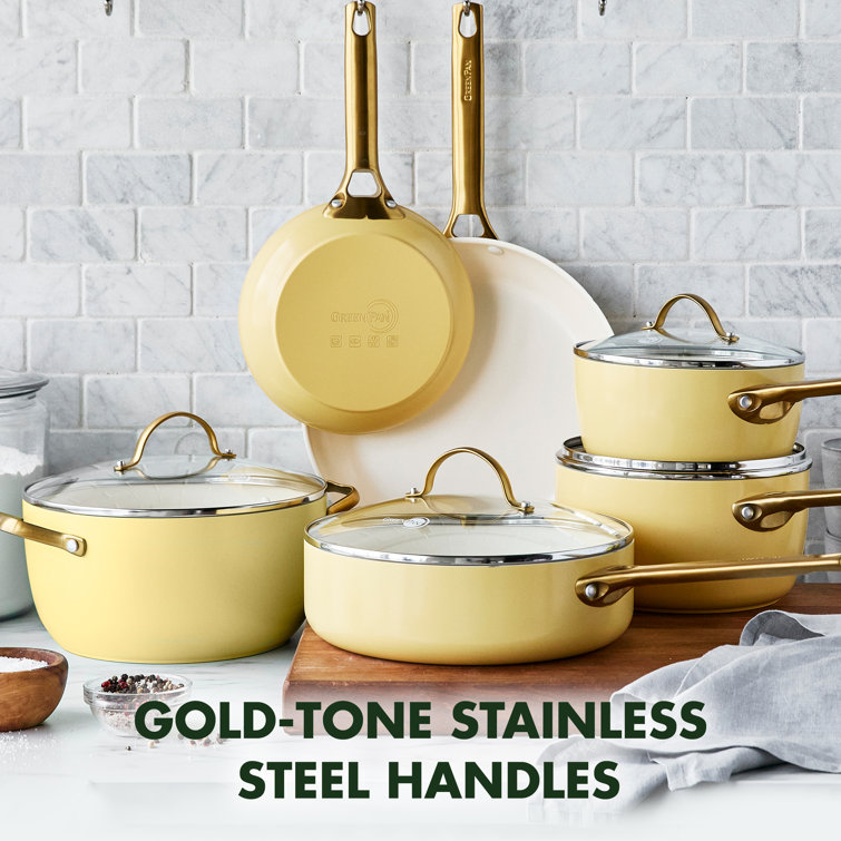 Sunrise Yellow Ceramic Nonstick 10-Piece Cookware Set with Gold Handles