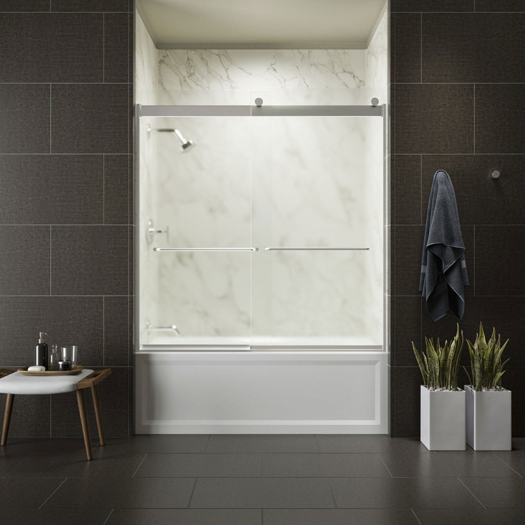 Levity Bright Silver Frameless Sliding Bath Door with Frosted Glass