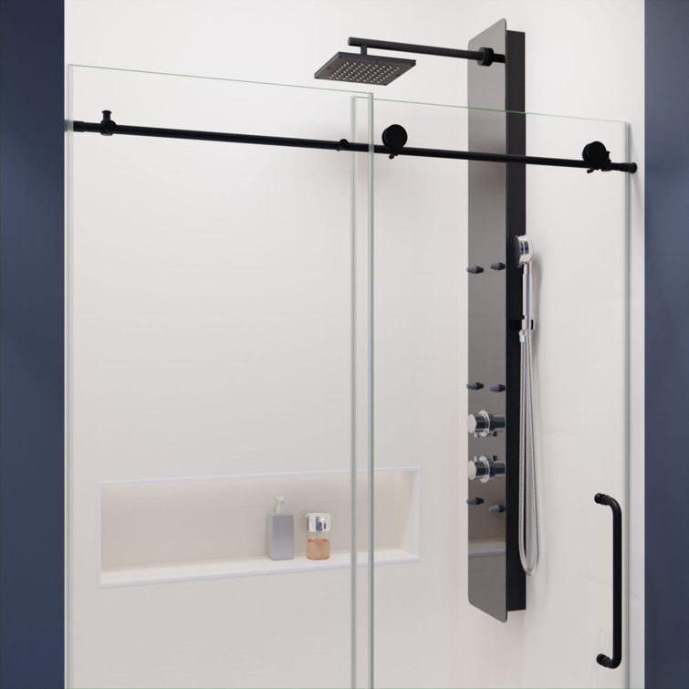Matte Black Frameless Sliding Shower Door with Clear Glass Panels