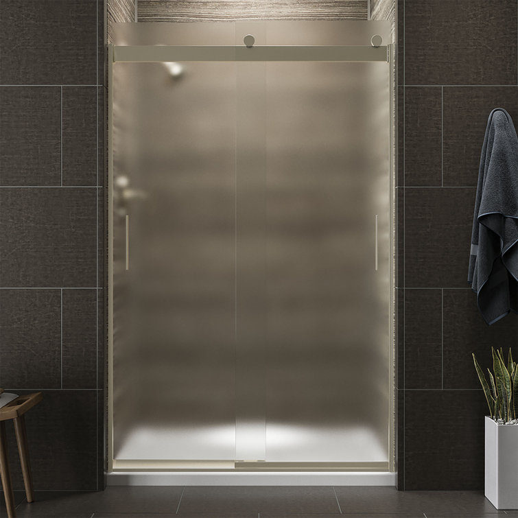 Levity 74" Frosted Glass Sliding Shower Door in Anodized Brushed Bronze