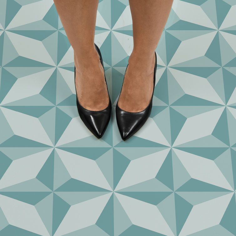 Turquoise Geometric Self-Stick Vinyl Floor Tiles with Water Protection