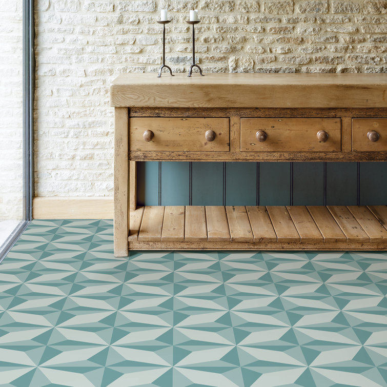 Turquoise Geometric Self-Stick Vinyl Floor Tiles with Water Protection