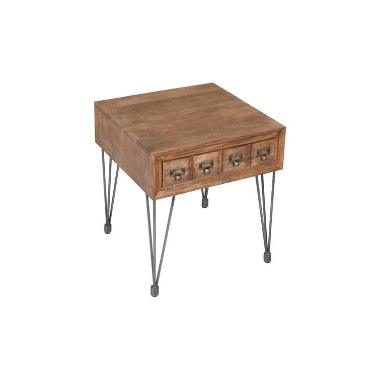 Industrial Brown Wood and Metal Square End Table with Storage