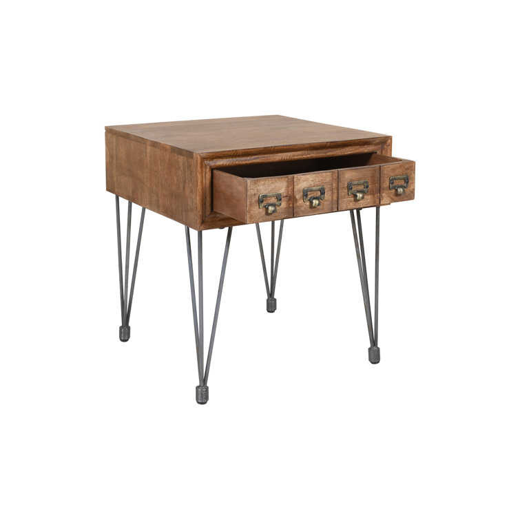 Industrial Brown Wood and Metal Square End Table with Storage